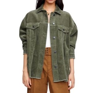 Zara Shacket Oversized Corduroy Frayed Hem Pockets Olive Green Size XS